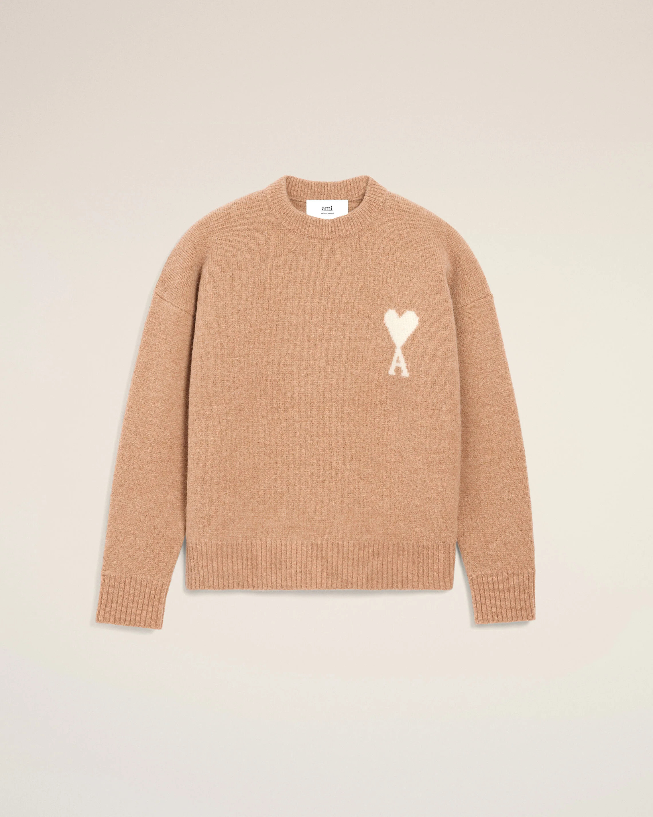 CAMEL/OFF WHITE Brown Alpaca Ami De Coeur Crewneck Sweater | AMI PARIS | AMI Paris FR