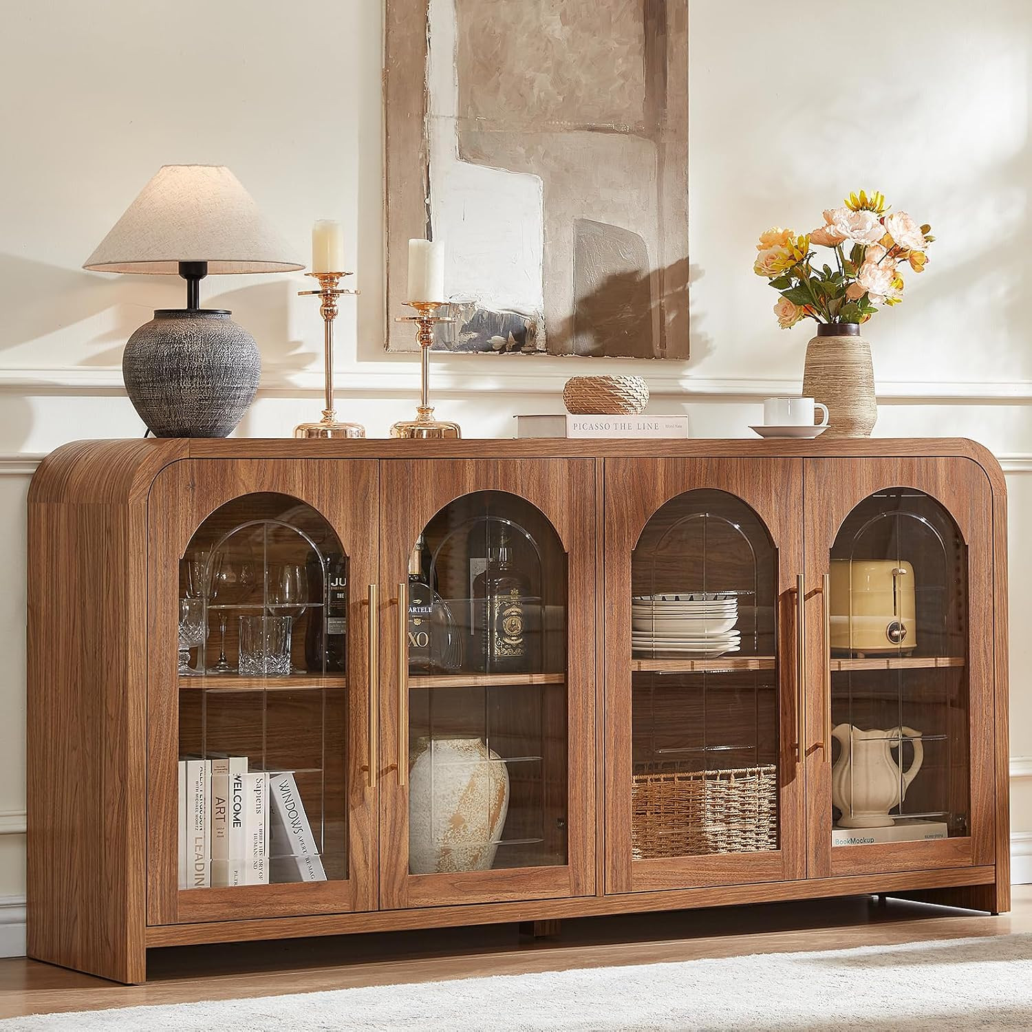 65" Sideboard Buffet Cabinet with Arched Glass Doors, Brown | Amazon (US)