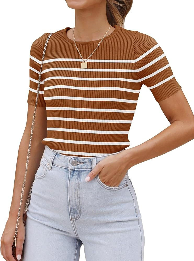 ZESICA Women's Short Sleeve Crewneck Striped T Shirt 2024 Summer Ribbed Knit Slim Fit Casual Basi... | Amazon (US)