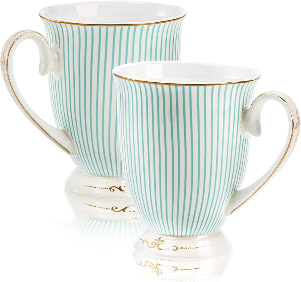 Dicunoy 2 Pack Bone China Mugs, 11oz Fine China Coffee Tea Cups with Gold Trim, Thin Vintage Cup ... | Amazon (US)