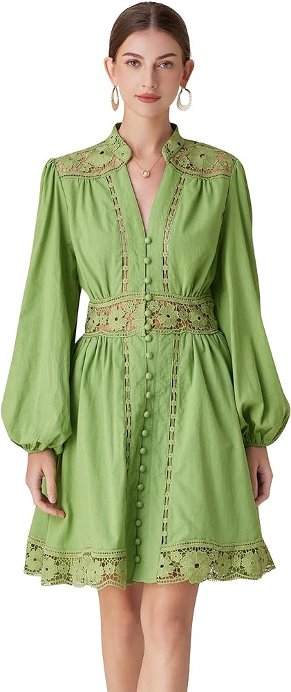 LAI MENG FIVE CATS Women's V-Neck Elegant Lace Long Sleeve Lantern Sleeve Button up Casual Mini D... | Amazon (US)