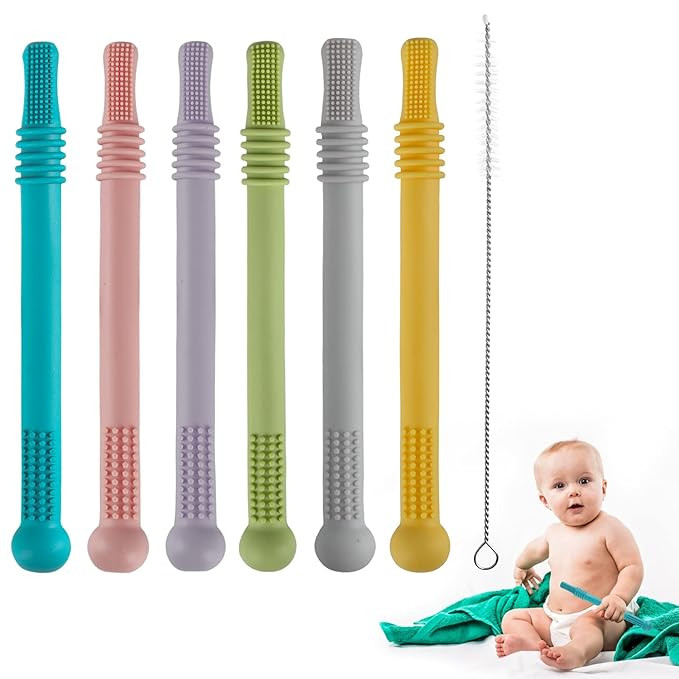 Fu Store Hollow Teether Tube, 6 Pack Chew Straw Toy for Infant Toddlers Silicone Tubes Teething T... | Amazon (US)