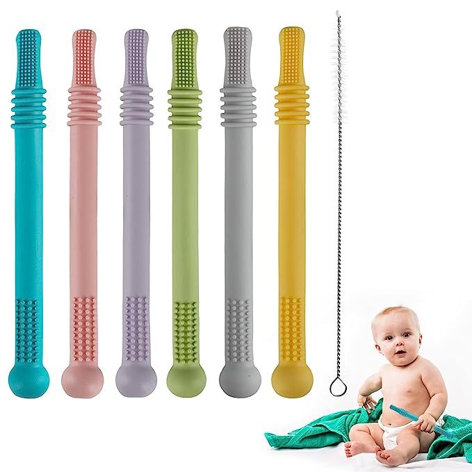 Fu Store Hollow Teether Tube, 6 Pack Chew Straw Toy for Infant Toddlers Silicone Tubes Teething T... | Amazon (US)