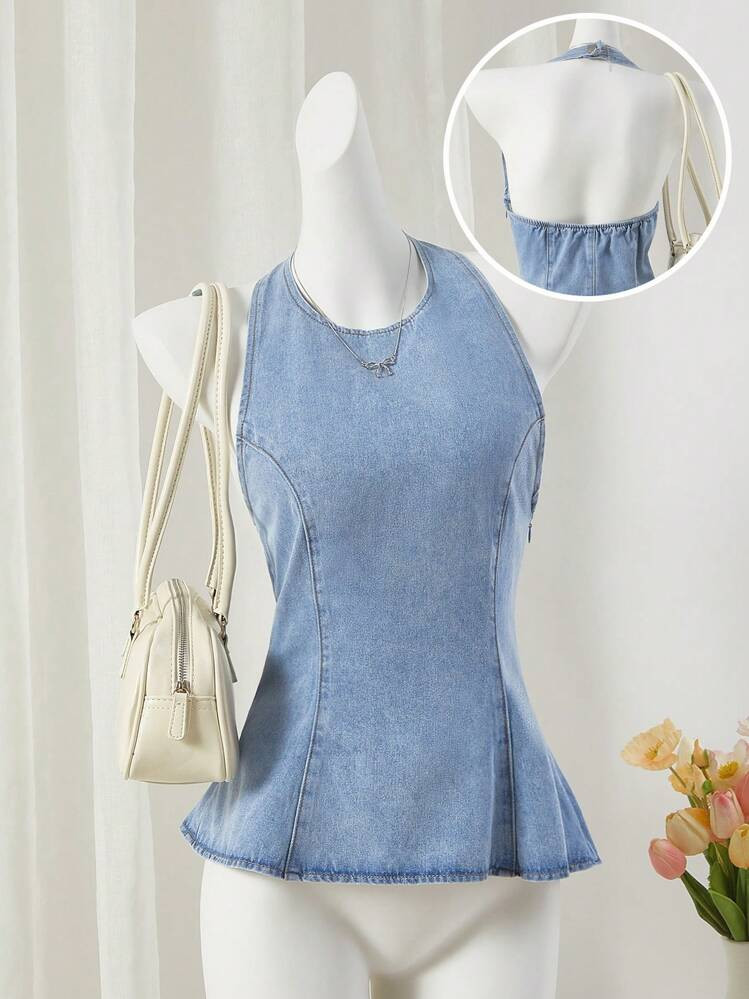 Soleia Soleia Women's Casual Denim Halter Sleeveless Top With Ruffle Hem, Summer,Summer Tops,Crop... | SHEIN