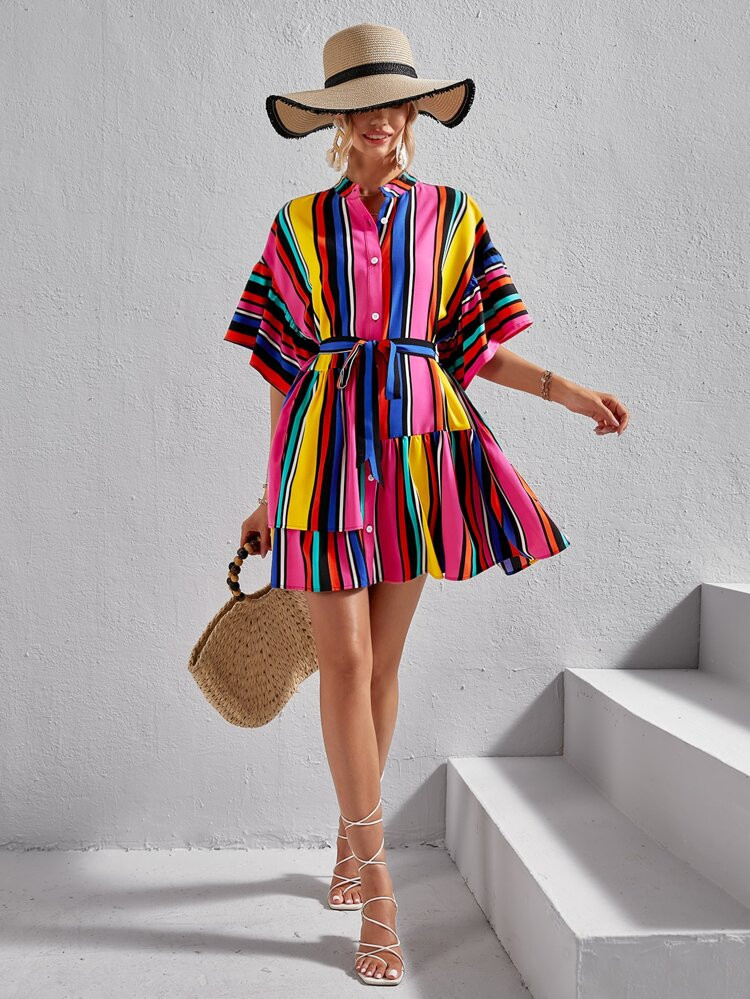 SHEIN VCAY Block Striped Batwing Sleeve Belted Shirt Dress | SHEIN