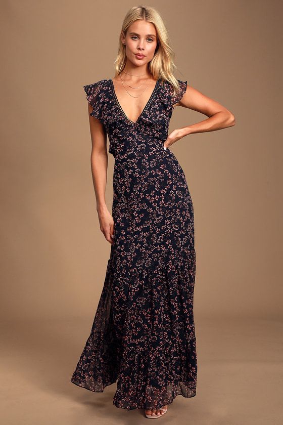 Darling Daydream Navy Blue Floral Print Ruffled Maxi Dress | Lulus (US)