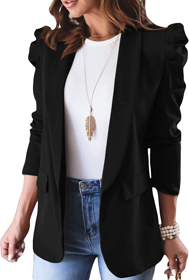 KIRUNDO Women's 2022 Fall Casual Blazers Puff Sleeve Lapel Open Front Work Suit Office Blazer Jacket | Amazon (US)