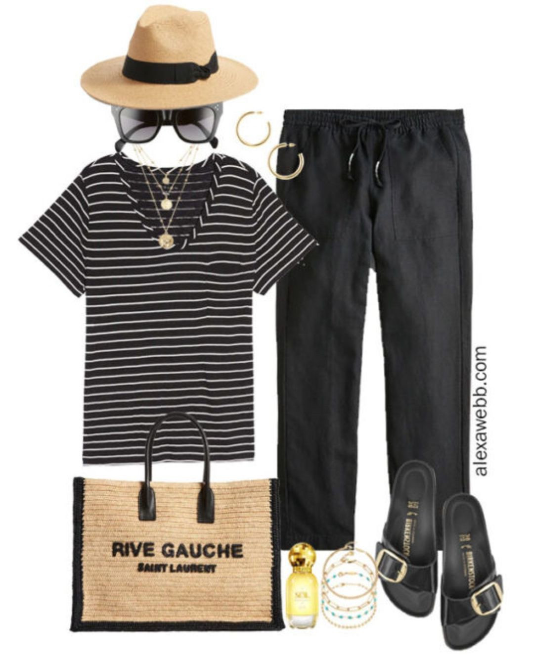 Plus Size Black Linen Pants Outfits - Plus size outfit for hot weather with plus size linen pants to keep cool in! A neutral basic black stripe tee, Birkenstock sandals, and a straw fedora. Alexa Webb

#LTKPlusSize #LTKSeasonal #LTKStyleTip