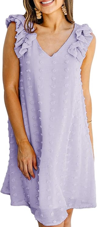 Sidefeel Womens V Neck Sleeveless Ruffle Chiffon Swiss Dot Shift Dress | Amazon (US)
