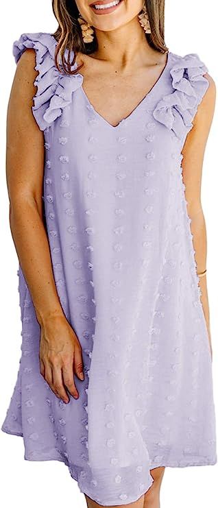 Sidefeel Womens V Neck Sleeveless Ruffle Chiffon Swiss Dot Shift Dress | Amazon (US)