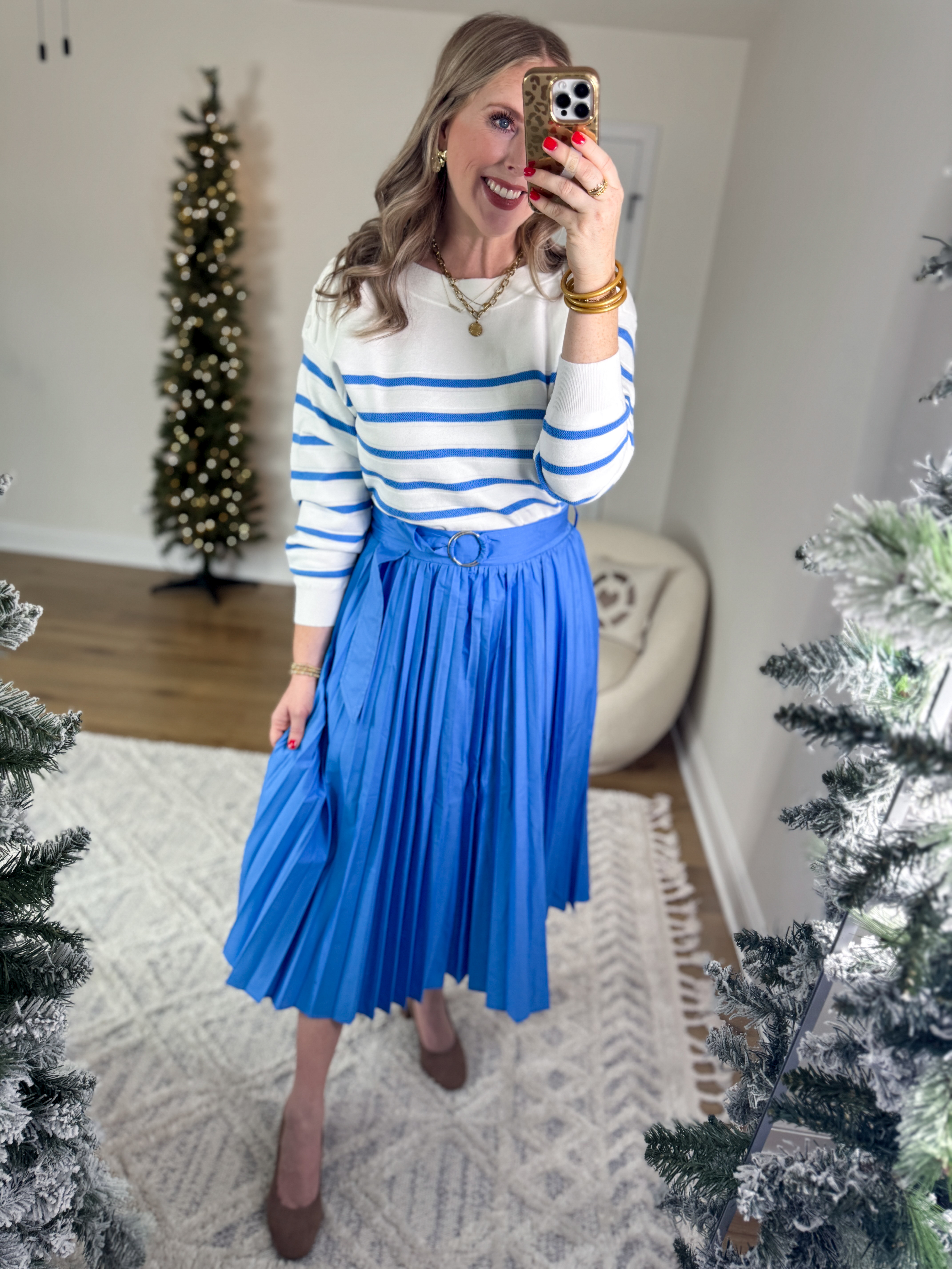 Weekend Walmart Wins try-on!
Button shoulder striped sweater- medium 
Pleated midi skirt- medium 

#LTKStyleTip #LTKSeasonal #LTKFindsUnder50