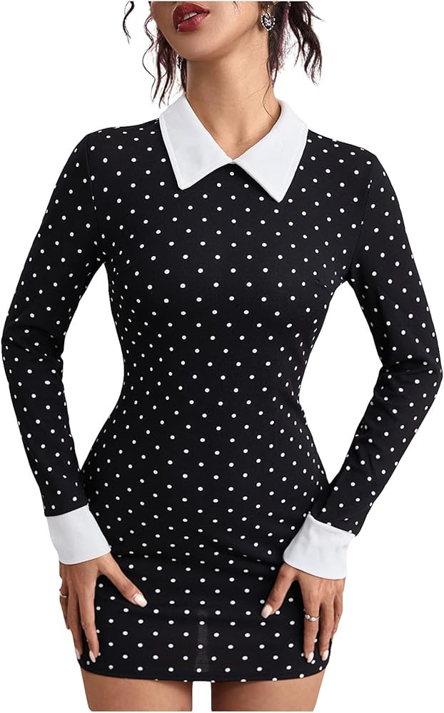 WDIRARA Women's Polka Dots Contrast Collar Long Sleeve Bodycon Mini Dress | Amazon (US)