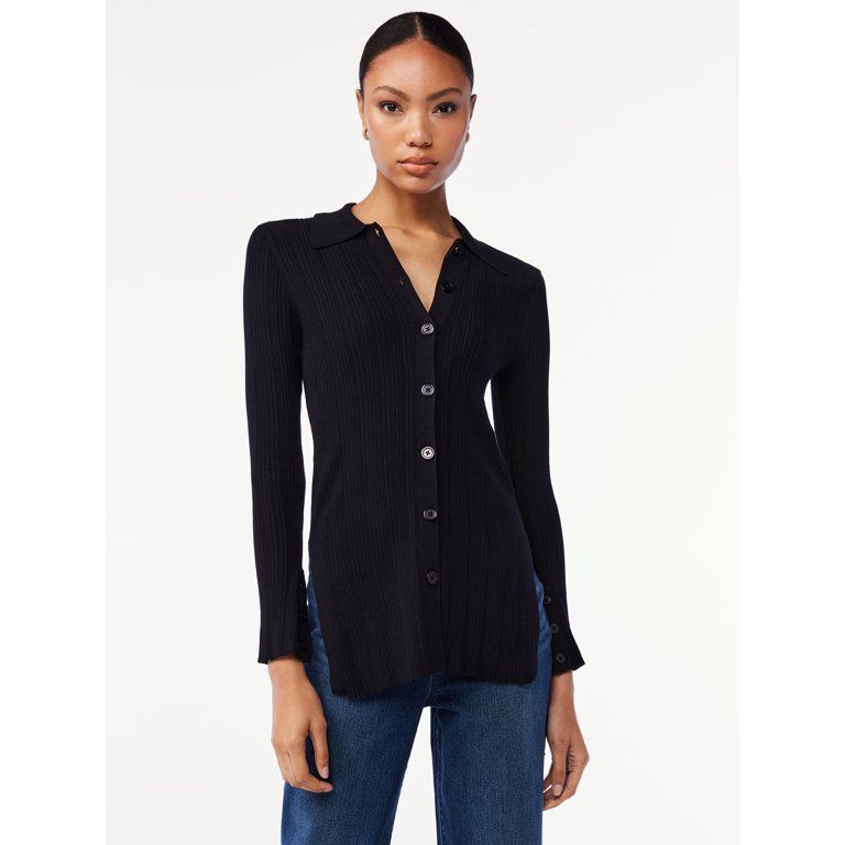 Scoop Women's Knit Button Front Shirt with Collar | Walmart (US)