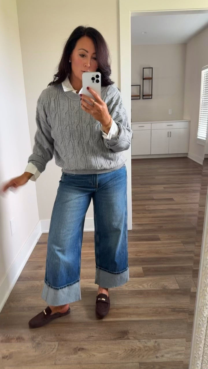 Large sweater (true to size) // medium white shirt // size 8 denim