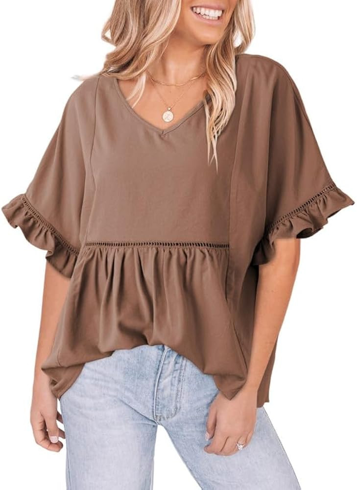Dokotoo Womens Blouses Smocked Casual V Neck Ruffle Bell Half Sleeve Shirts Top | Amazon (US)