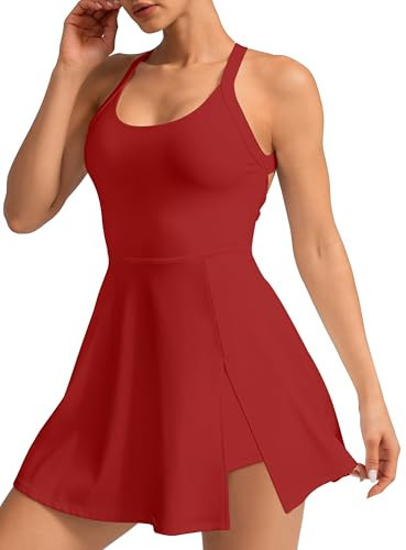 Womens Activewear Tennis Dress - Built in Shorts with Pockets and Bra Golf Athletic Workout Dresses Red | Amazon (US)