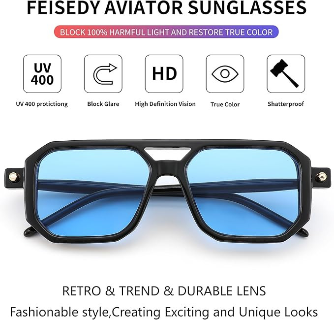 FEISEDY Vintage Square 70s Flat Aviator Sunglasses Women Men Classic Retro Stylish Frame UV400 Su... | Amazon (US)