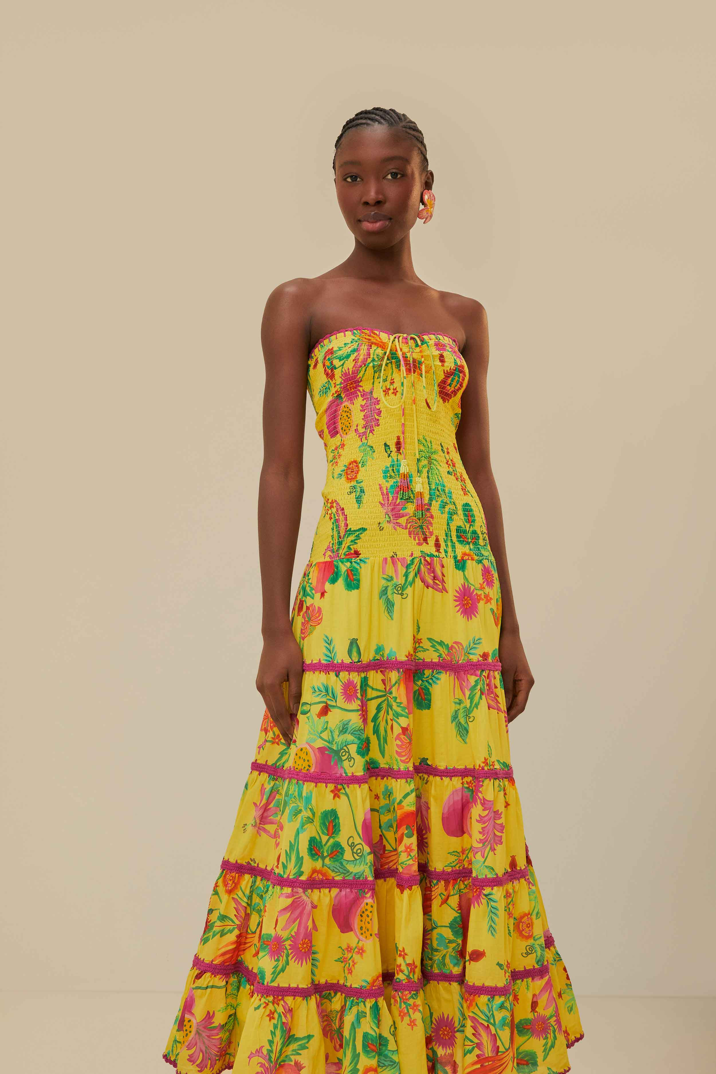 Yellow Delicate Fruit Garden Smocked Maxi Dress | FarmRio (US)