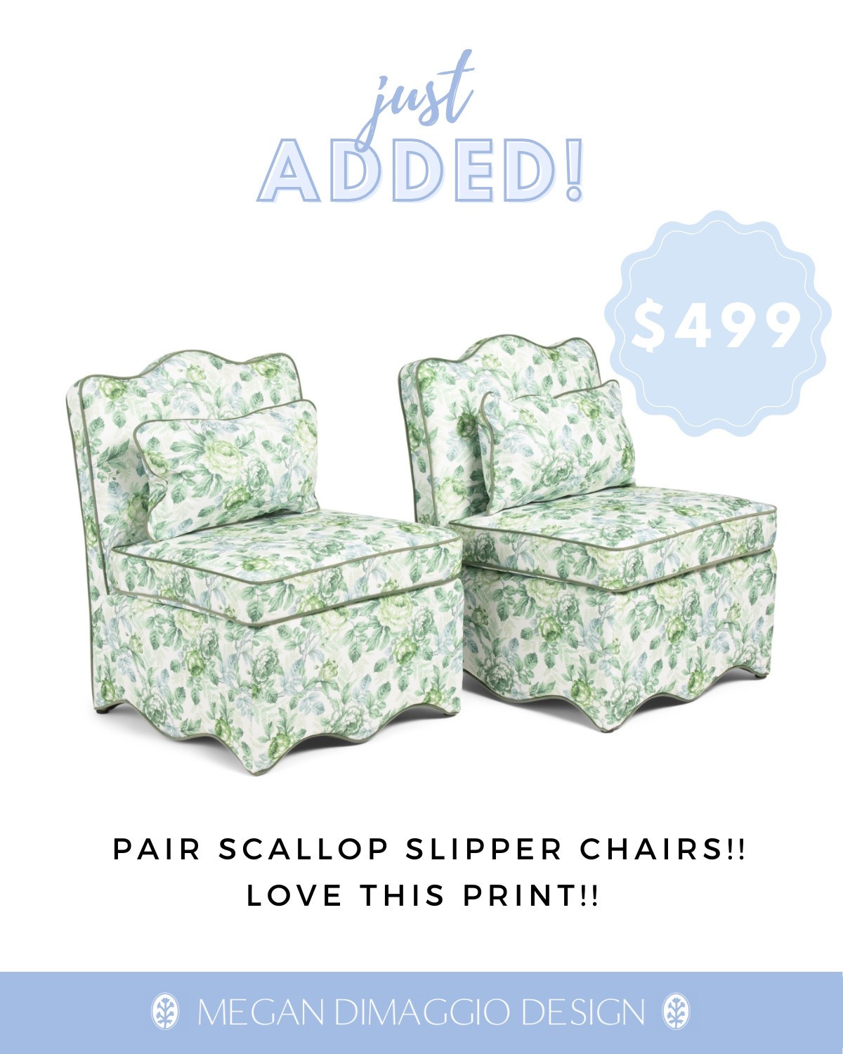 Snag these gorgeous blue, green & white scalloped slipper chairs for under $500!!?! 🤯 that’s just $250 a chair!! I love love love this floral pattern! Will go fast!! 🏃🏼‍♀️🏃🏼‍♀️🏃🏼‍♀️

#LTKSaleAlert #LTKHome