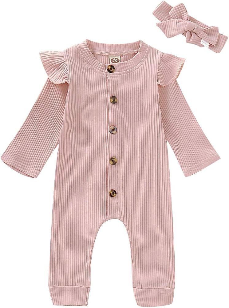 Newborn Baby Girl Jumpsuit Cotton Linen Solid Romper Short Sleeve One-Piece Bodysuit Infant Summe... | Amazon (US)