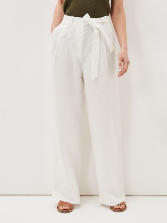 Phase Eight Aaliyah Linen Belted Trousers, White | John Lewis (UK)
