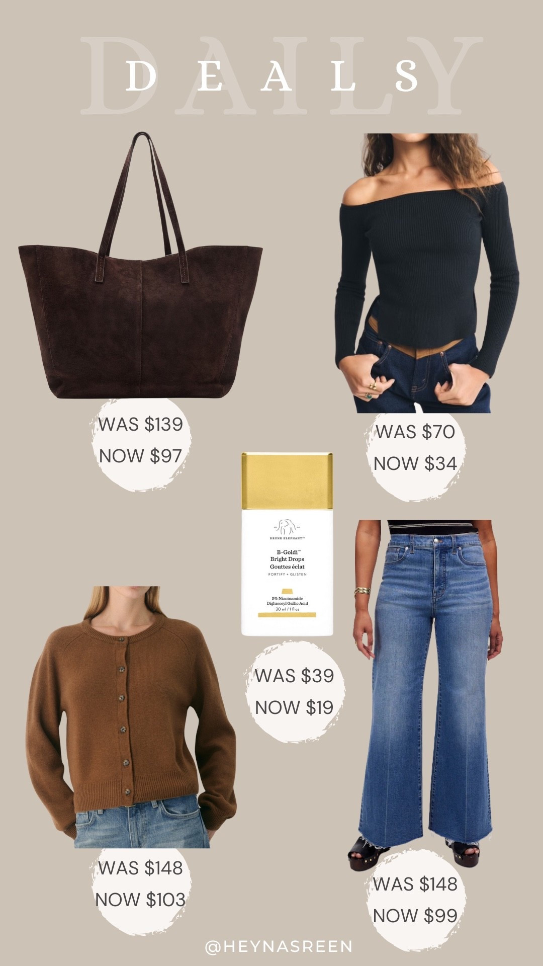 Daily deals on Mango suede bag, Abercrombie off the shoulder sweater, Drunk Elephant bronzing drops, Madewell wide leg jeans, Aritzia cardigan 
