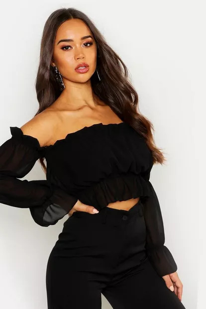 Woven Volume Sleeve Ruched Off The Shoulder Top | Boohoo.com (US & CA)