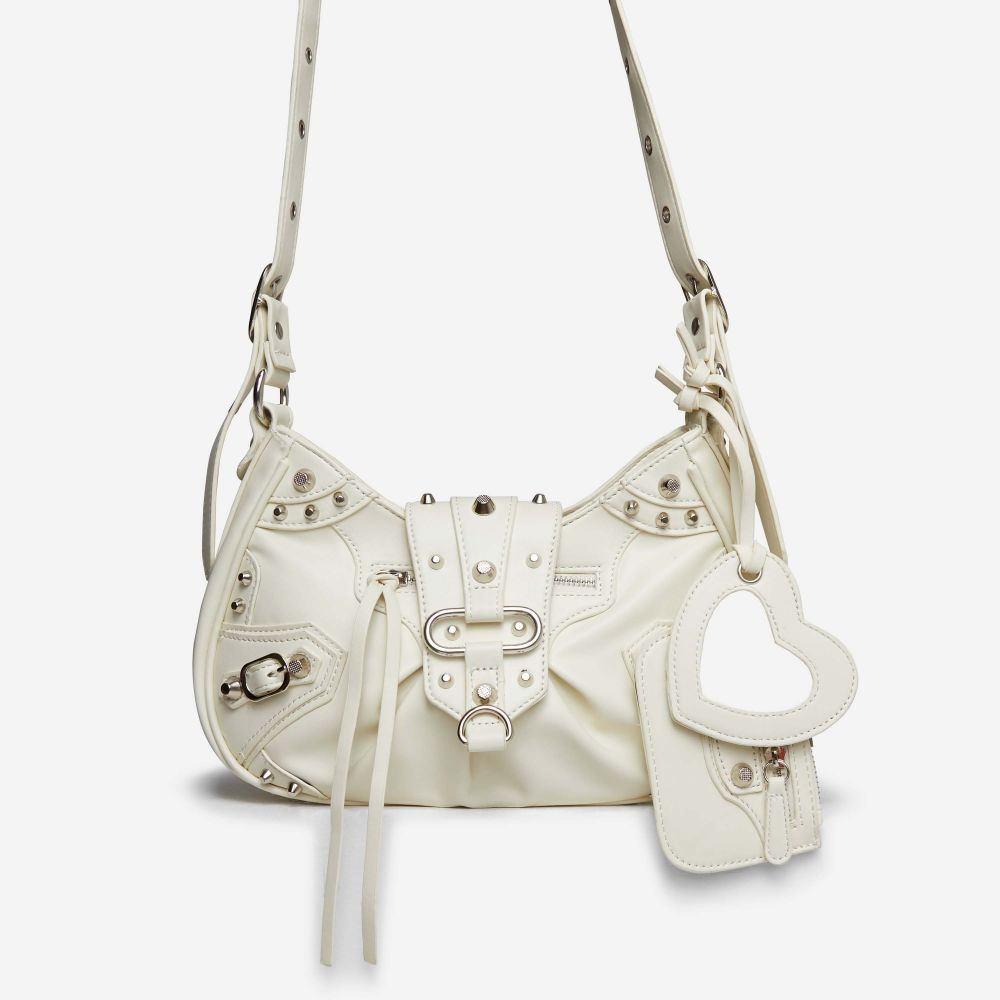 Aracely Studded Purse And Mirror Detail Shoulder Bag In White Faux Leather | EGO Shoes (US & Canada)