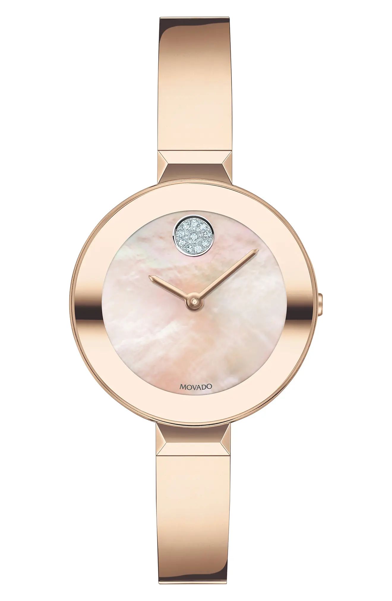 Movado Bold Pave Dot Bangle Watch, 28mm in Carnation Gold at Nordstrom | Nordstrom
