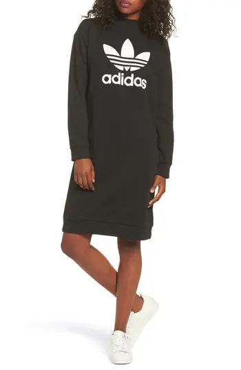 Women's Adidas Trefoil French Terry Crewneck Dress, Size X-Small - Black | Nordstrom