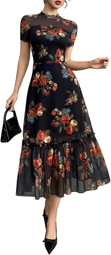 GothDark Women's Summer Floral Mesh Ruffle Casual Maxi Wedding Guest Dress | Amazon (US)