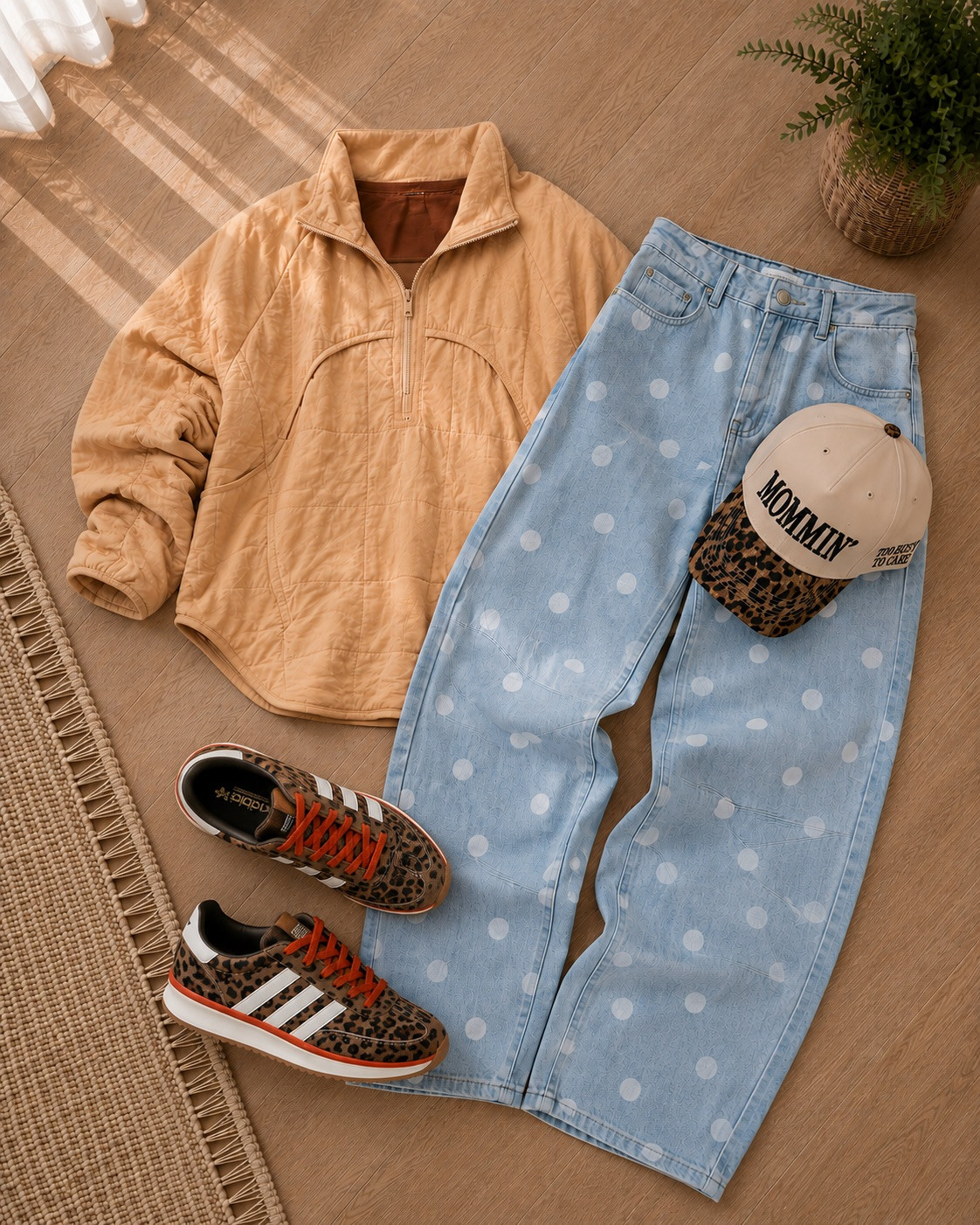 Polka dots for the win! These light wash polka dot jeans are so fun and unexpected paired with a cozy peach quilted pullover. Add a trucker hat and leopard sneakers for that perfect playful mix. Perfect for weekend adventures, casual coffee dates, or running errands in style! 

 #LTKootd #LTKmomlife #LTKSeasonal