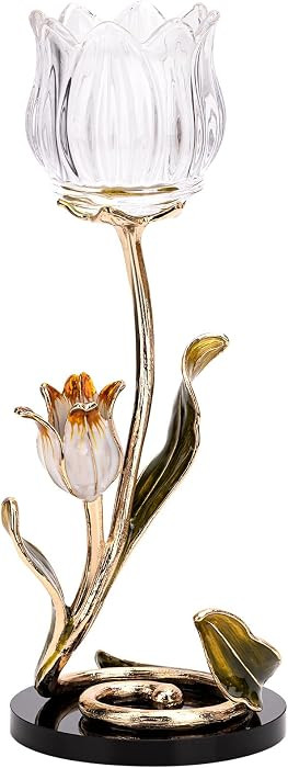Luxury Crystal Base Glass Flower Candle Holder – Gold Plated Zinc Alloy with Enamel, Romantic T... | Amazon (US)