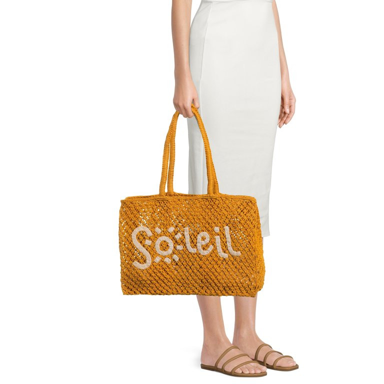No Boundaries Women's Woven Beach Tote Bag, Yellow Soleil - Walmart.com | Walmart (US)