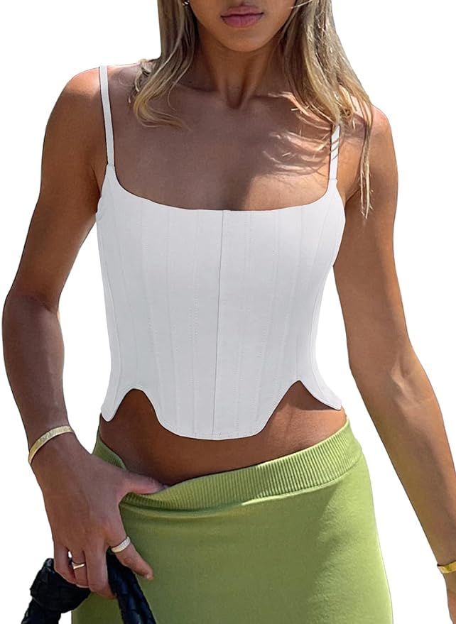 REORIA Women's Sexy Square Neck Sleeveless Adjustable Spaghetti Strap Corset Tank Crop Tops | Amazon (US)