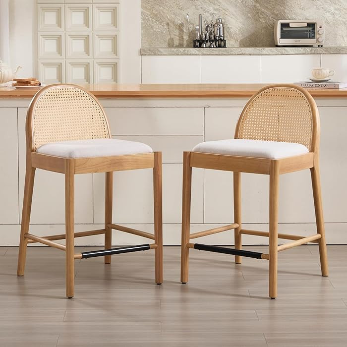 Ya-Home Mid-Century Bar Stools Set of 2, 26 Inch Rattan Back Linen Counter Height Barstools Comfy... | Amazon (US)