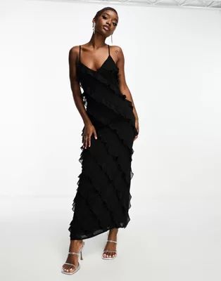 Rare London strappy frill detail maxi dress in black | ASOS (Global)