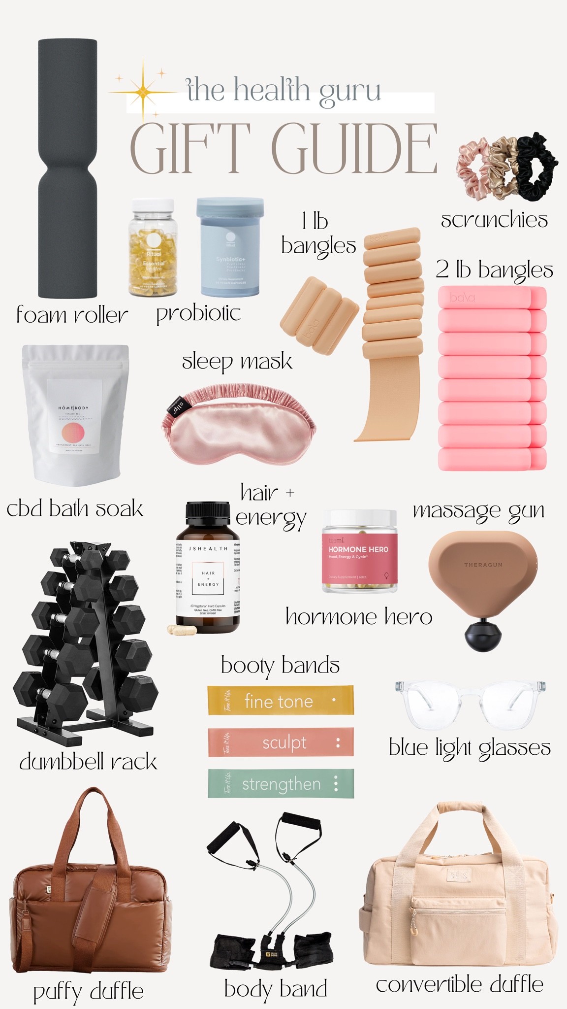 2022 holiday gift card, ideas for the fitness guru and Jim girl and guy. Massage gun, dumbbell rack, CBD soak foam roller, probiotic booty bands blue light glasses.

#LTKHoliday #LTKfit #LTKSeasonal