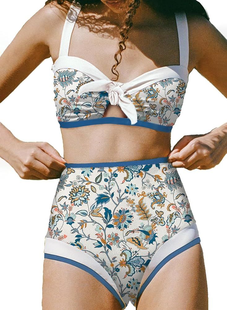 Herseas 2024 Swim Suit for Women Color Block Floral Print Two Piece Bikini Set Tie Knot Front Hig... | Amazon (US)