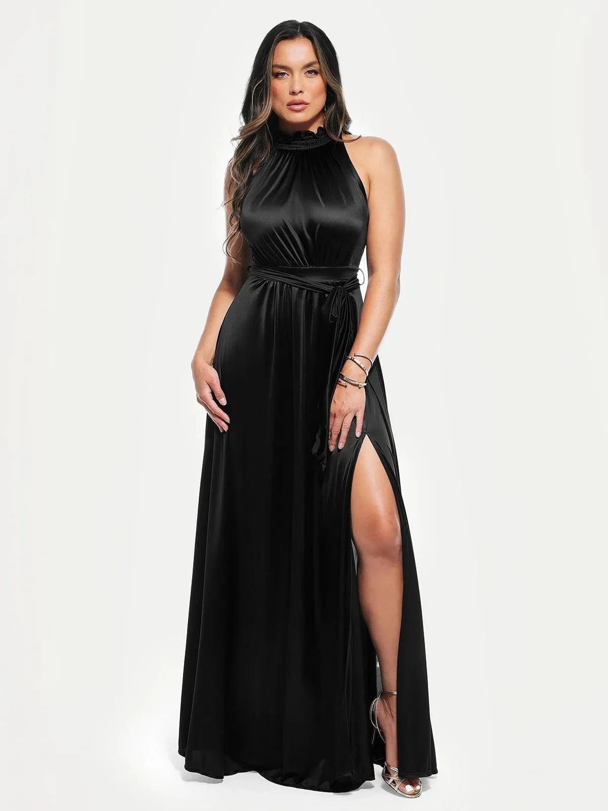 Floral-Print Draped High Neck Sculpting Maxi Dress Black / 3XL | Popilush