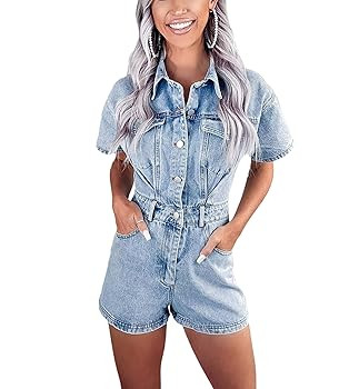 cffvdiz Women's Distressed Button Front Denim Rompers Short Sleeve Flap Pocket Vintage Slim Fit B... | Amazon (US)