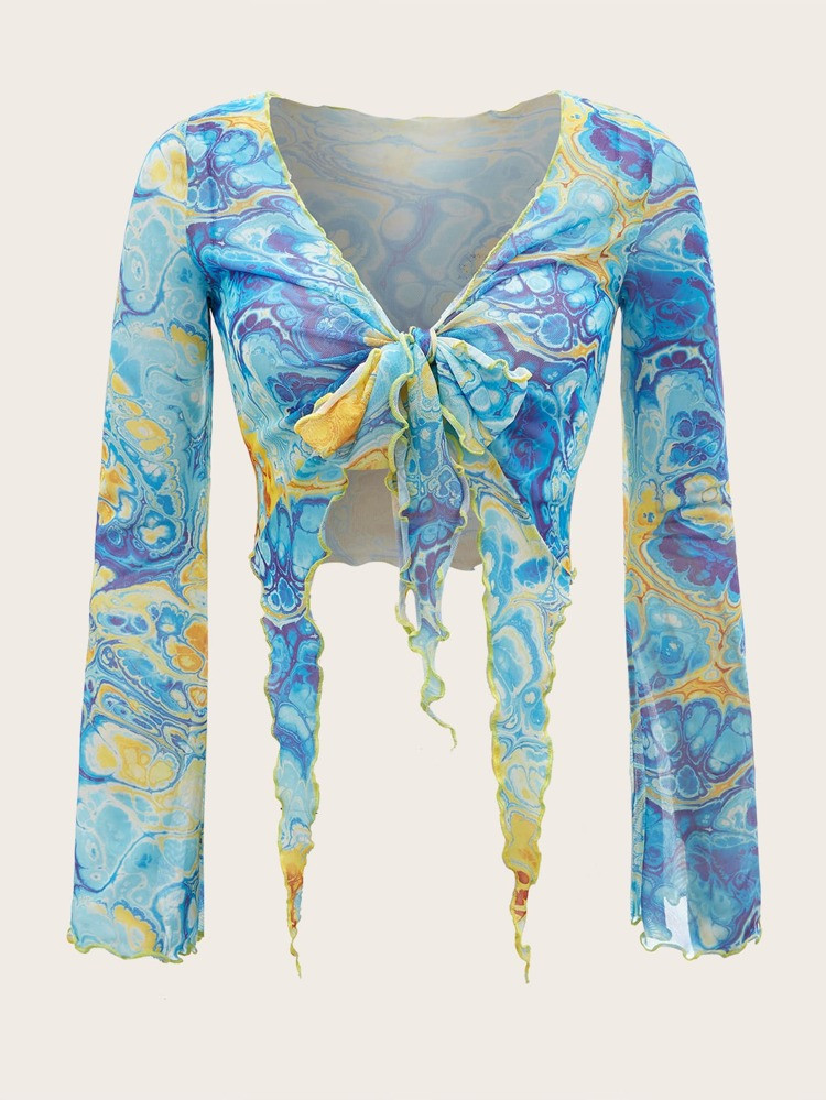 SHEIN Split Sleeve Tie Front Asymmetrical Hem Graphic Print Mesh Top | SHEIN