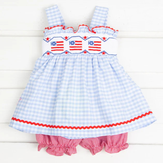 Flag Smocked Tie Back Bloomer Set Light Blue Gingham | Classic Whimsy