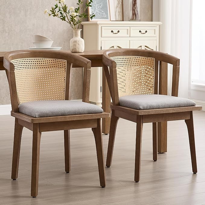 Farmhouse Rattan Dining Chairs Set of 2 Barrel Dining Room Chairs with Wicker Backrest Kitchen Ch... | Amazon (US)