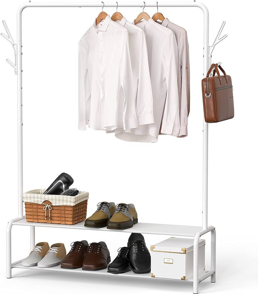 Simple Houseware Garment Rack with Storage Shelves and Coat/Hat Hanging Hooks, White | Amazon (US)
