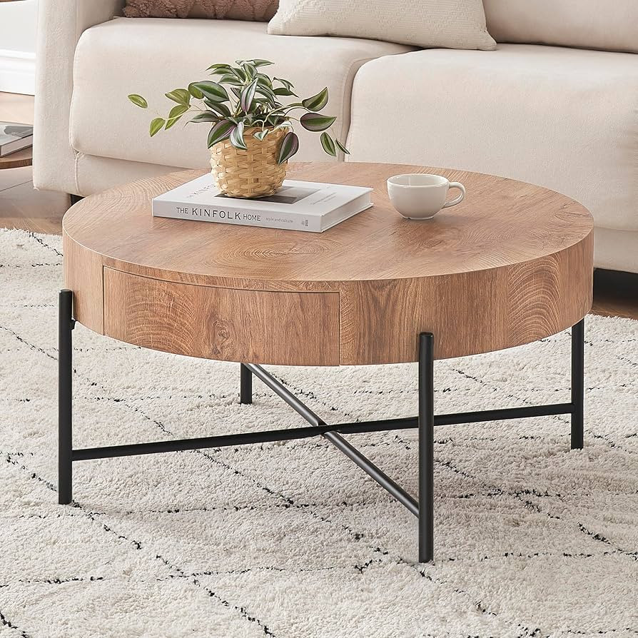 Round Coffee Table Living Room Modern Farmhouse Center Table with Two Drawers Wood Like Circle Co... | Amazon (US)