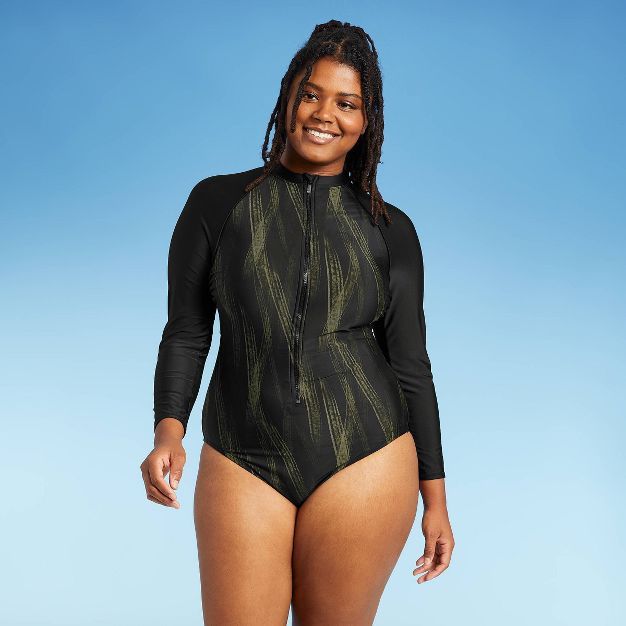 Women's Plus Size One Piece Rash Guard - All in Motion™ Olive Green & Black | Target