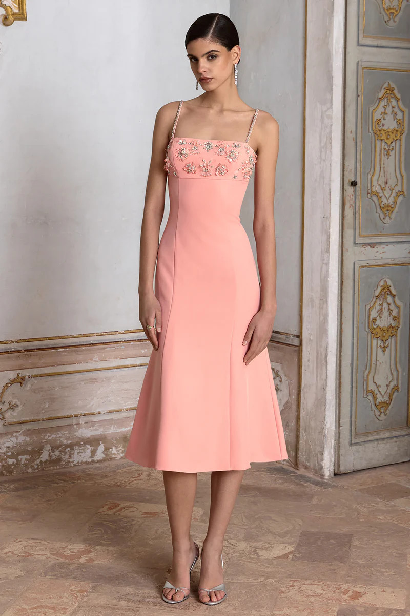 One To Remember  Coral Square-Neck Embellished Midi Dress | Club L London