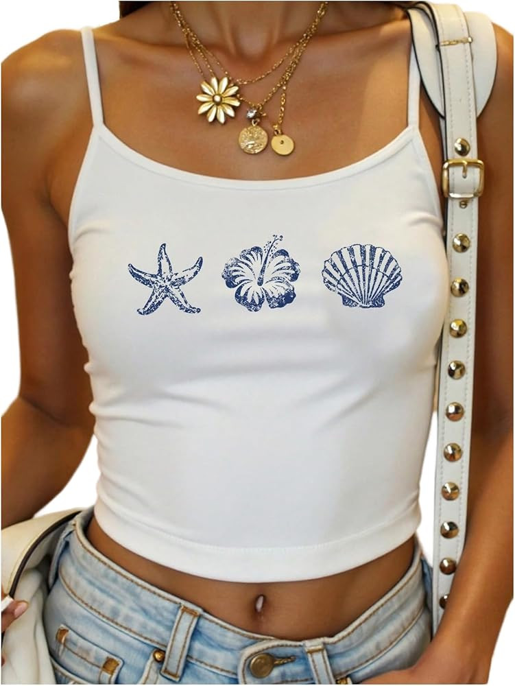 RoseSeek Women's Y2K Leopard Beach Print Slim Fit Camisole Tops Casual Spaghetti Strap Tank Tops | Amazon (US)