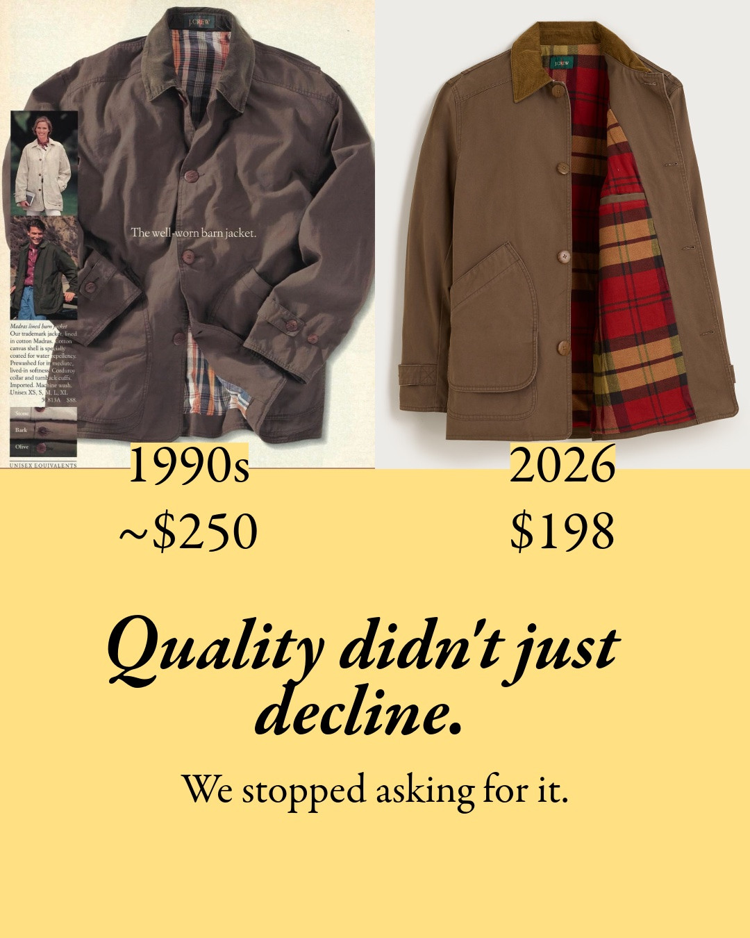 J.Crew still earns it on the barn jacket, linen, and some denim. I’ve got all-leather shoes that match 90s J.Crew (or surpass tbh), plus more affordable options for the look with rubber soles. For cashmere, check out N.Peal – legacy British brand that sources its own cashmere. More favorites that prioritize quality with a look you’ll actually reach for. j crew, cashmere sweater, barn jacket, penny loafers, ballet flats, capsule wardrobe, old money style, fashion quality, slow fashion, quality clothing, COS, Uniqlo, AYR, Scarosso, Margaux, N Peal, preppy, Ralph Lauren, Madewell, Lands End, Banana Republic, Birkenstock, AG Jeans, Cuyana, The Horse, Maison de Sabré, Massimo Dutti, Flattered, Dear Frances, Quince

#LTKootd